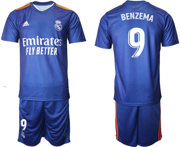 Men's Real Madrid #9 Karim Benzema 2021/22 Blue Away Soccer Jersey Suit